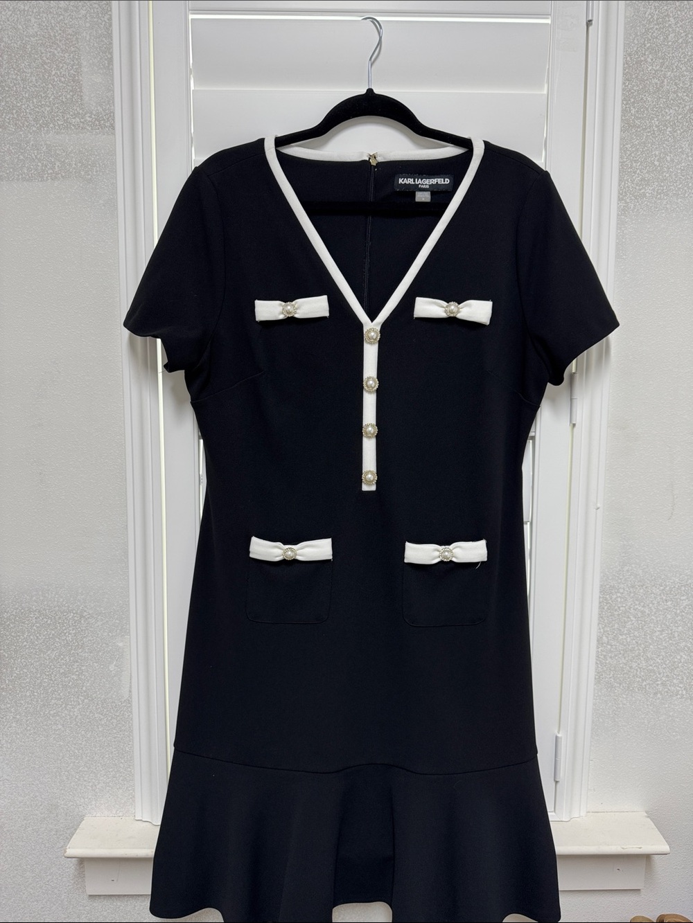 Karl Lagerfeld Black Dress with White Trim and Pearl Buttons Accents